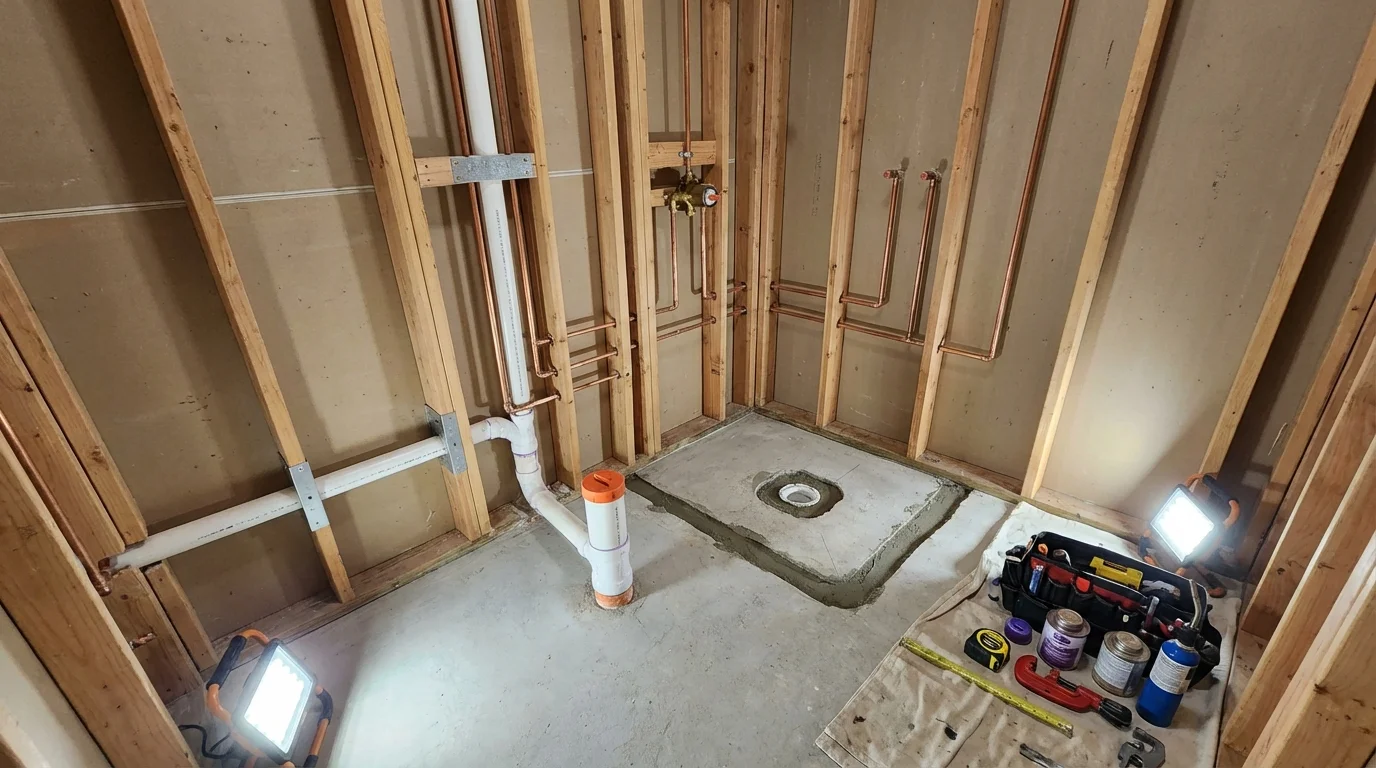 Bathroom rough-in plumbing during remodel by Johns Plumbing LLC in Rainbow City