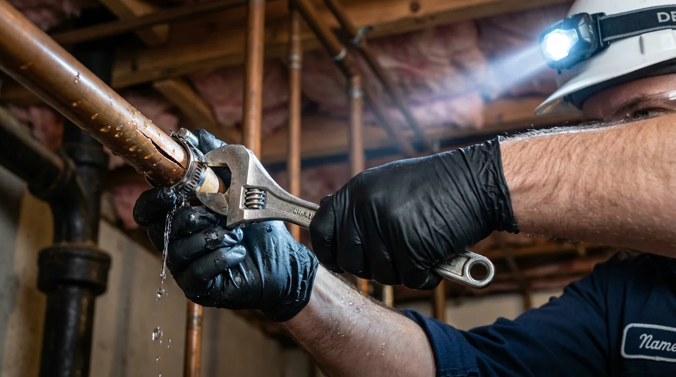 Emergency pipe clamp repair being performed by a Johns Plumbing LLC plumber in Rainbow City